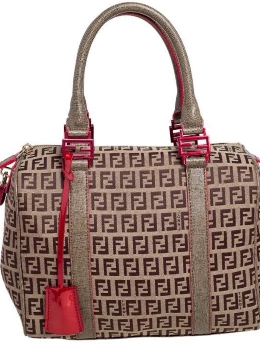 Authentic Fendi Zucca Medium Boston Bag Red Patent Trim Y2K Vintage Italy